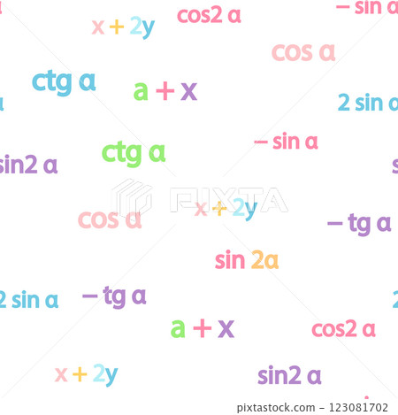 Seamless pattern with mathematical formulas and numbers. Algebra and geometry, calculations tangent, cotangent, sine, cosine 123081702