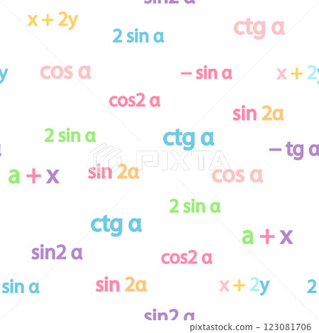 Seamless pattern with mathematical formulas and numbers. Algebra and geometry, calculations tangent, cotangent, sine, cosine Seamless pattern with mathematical formulas and numbers. Algebra and geometry, calculations tangent, cotangent, sine, cosine 123081706
