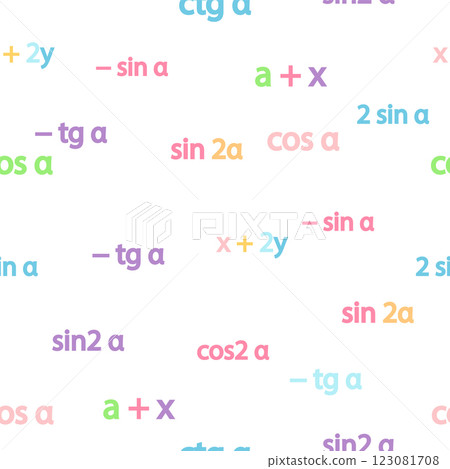 Seamless pattern with mathematical formulas and numbers. Algebra and geometry, calculations tangent, cotangent, sine, cosine Seamless pattern with mathematical formulas and numbers. Algebra and geometry, calculations tangent, cotangent, sine, cosine 123081708