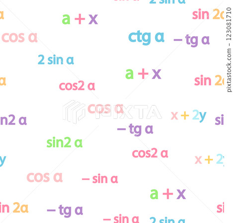 Seamless pattern with mathematical formulas and numbers. Algebra and geometry, calculations tangent, cotangent, sine, cosine Seamless pattern with mathematical formulas and numbers. Algebra and geometry, calculations tangent, cotangent, sine, cosine 123081710