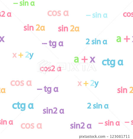 Seamless pattern with mathematical formulas and numbers. Algebra and geometry, calculations tangent, cotangent, sine, cosine 123081711