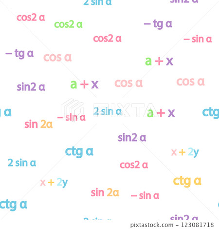 Seamless pattern with mathematical formulas and numbers. Algebra and geometry, calculations tangent, cotangent, sine, cosine 123081718