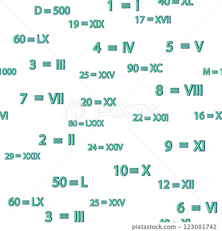 Seamless pattern with Roman numerals. Ten, twenty, thirty, forty, fifty, sixty, seventy, eighty, ninety. Algebra and geometry, calculations 123081742