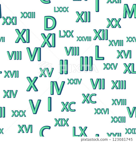 Seamless pattern with Roman numerals. Ten, twenty, thirty, forty, fifty, sixty, seventy, eighty, ninety. Algebra and geometry, calculations 123081745