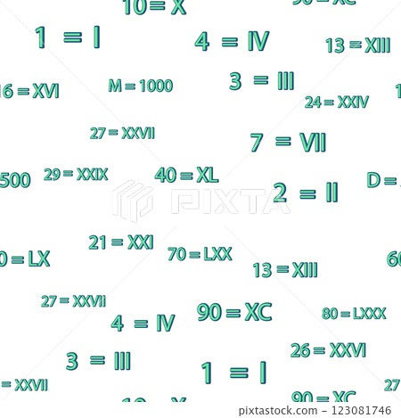 Seamless pattern with Roman numerals. Ten, twenty, thirty, forty, fifty, sixty, seventy, eighty, ninety. Algebra and geometry, calculations 123081746