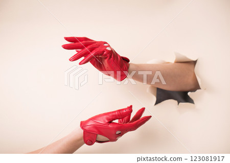 Two tender female hands in leather red gloves on a paper background Two tender female hands in leather red gloves on a paper background 123081917