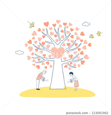 一名男子和一名女子正在為一棵大心形樹澆水 一名男子和一名女子正在為一棵大心形樹澆水 123081982