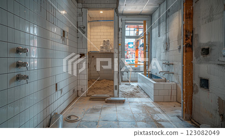 A bathroom under construction, with gray tiles on the walls A bathroom under construction, with gray tiles on the walls 123082049