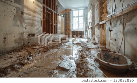 A bathroom under construction, with gray tiles on the walls. The floor is covered in dirt 123082050