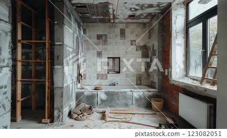 A bathroom under construction, with gray tiles on the walls. The floor is covered in dirt 123082051