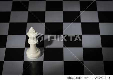 A close-up of a chessboard highlighting the white KING standing out among black pieces, symbolizing strategic thinking, leadership, and decisive planning in overcoming challenges and achieving goals. 123082083