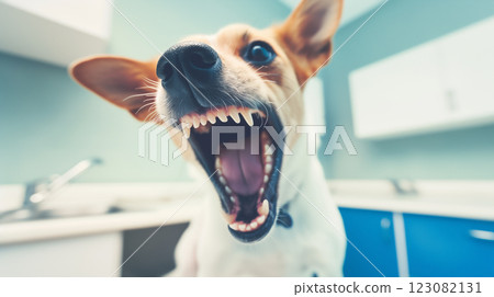 Rabid dog in veterinary hospital, quarantine, infectious department. Animal with rabies, saliva from mouth, aggressive. Banner copy space, animal with rabies, saliva from mouth, aggressive. Banner 123082131