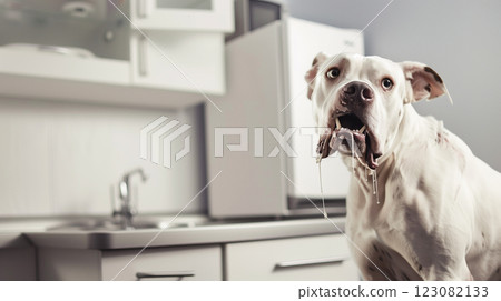Rabid dog in veterinary hospital, quarantine, infectious department. Animal with rabies, saliva from mouth, aggressive. Banner copy space, animal with rabies, saliva from mouth, aggressive. Banner 123082133