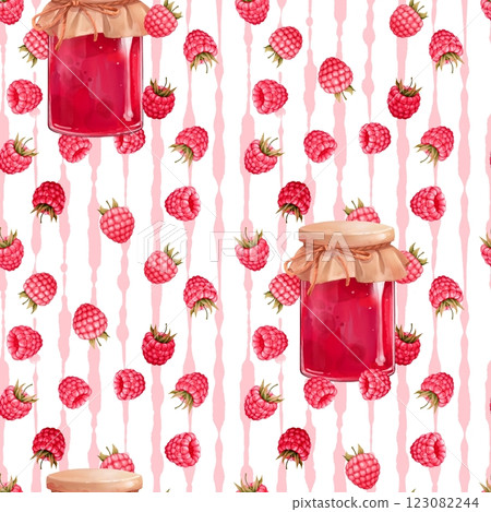 Red raspberry and jar with jam. Seamless pattern on striped background 123082244