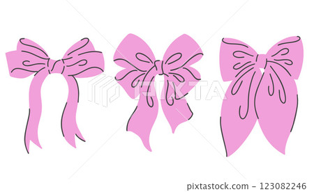 Cute illustration featuring a collection of pink satin bows tied in knots, perfect for gifts, hair accessories, and vintage Christmas decorations on white background 123082246