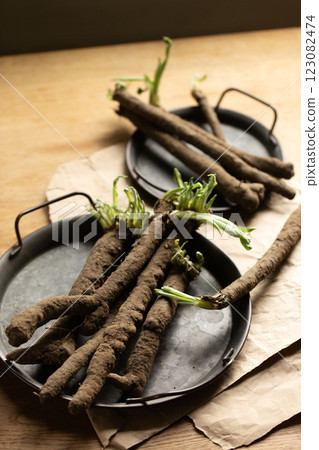 Scorzonera roots in a metal vintage tray Scorzonera roots in a metal vintage tray 123082474