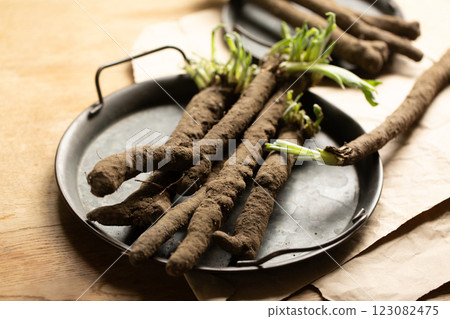 Scorzonera roots in a vintage tray Scorzonera roots in a vintage tray 123082475