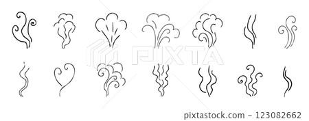 Steam smoke hand drawn line comic doodle. Aroma trail, cloud or wind silhouette. Smells hot air fragrance evaporate set.  123082662