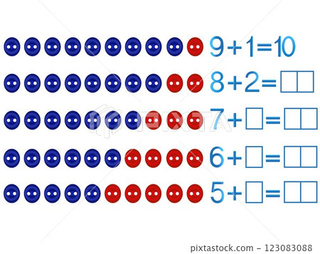 Educational games for children, on the composition of the ten, example with buttons. Educational games for children, on the composition of the ten, example with buttons. 123083088