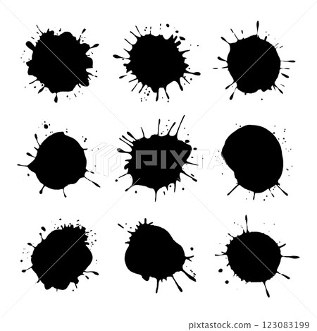 A set of black ink splashes in different sizes and shapes. Expressive blot textures on a white background. 123083199