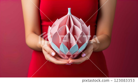 Hand holding a womb shape made of paper,  Awareness of uterine disease, cancer , Generate AI 123083353