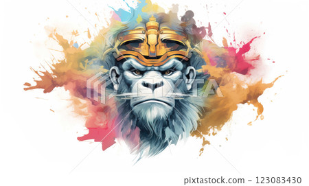 illlustration monkey king face , with crown gold , rainbow splash smoke Generate AI illlustration monkey king face , with crown gold , rainbow splash smoke Generate AI 123083430