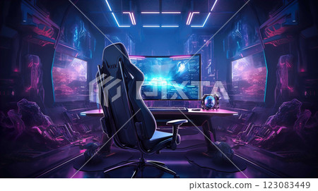 Spacious gamer room with full luxury PC gear with wide screen, soft chair, full RGB   Generate AI 123083449
