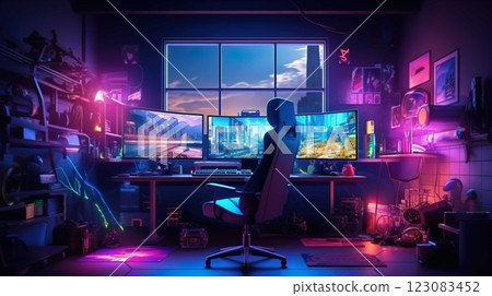 Spacious gamer room with full luxury PC gear with wide screen, soft chair, full RGB   Generate AI 123083452