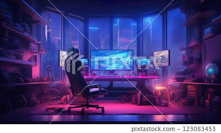 Spacious gamer room with full luxury PC gear with wide screen, soft chair, full RGB   Generate AI 123083453