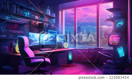 Spacious gamer room with full luxury PC gear with wide screen, soft chair, full RGB   Generate AI 123083454