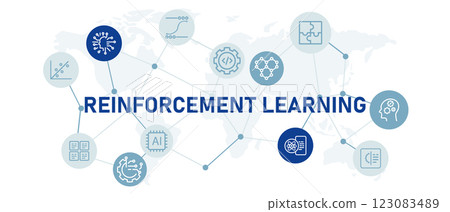 Reinforcement learning icon set illustration modern technology AI artificial intelligence algorithm analysis processing data learn machine system programming design 123083489