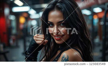 Strong Woman in Gym Smiling and Showing Fist to Camera Strong Woman in Gym Smiling and Showing Fist to Camera 123083549