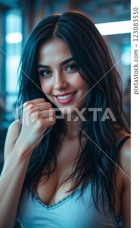 Strong Woman in Gym Smiling and Showing Fist to Camera Strong Woman in Gym Smiling and Showing Fist to Camera 123083550