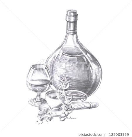 Composition with a bottle of cognac, a glass, a cup of coffee and a cigar. Isolated pencil illustration on the theme of alcoholic drinks for restaurant menu design, cocktail list, interior design. Composition with a bottle of cognac, a glass, a cup of coffee and a cigar. Isolated pencil illustration on the theme of alcoholic drinks for restaurant menu design, cocktail list, interior design. 123083559
