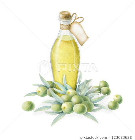 Olive oil in glass bottle with cork and label, olives piled and scattered around. Watercolor isolated illustration hand drawn in realistic style for food production, bottle label and vegetarian menu. 123083628