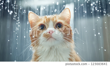 Cat watches raindrops on a cloudy day 123083641