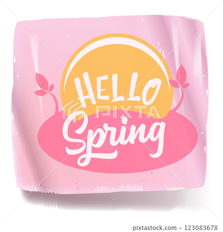 Hello spring vector pink plastic sticker isolated on transparent white background. Kids Hello spring label, icon, print, banner design template with cartoon text, spring vibe. Hello march Hello spring vector pink plastic sticker isolated on transparent white background. Kids Hello spring label, icon, print, banner design template with cartoon text, spring vibe. Hello march 123083678