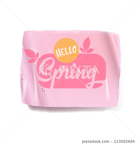 Hello spring vector pink plastic sticker isolated on transparent white background. Kids Hello spring label, icon, print, banner design template with cartoon text, spring vibe. Hello march Hello spring vector pink plastic sticker isolated on transparent white background. Kids Hello spring label, icon, print, banner design template with cartoon text, spring vibe. Hello march 123083684