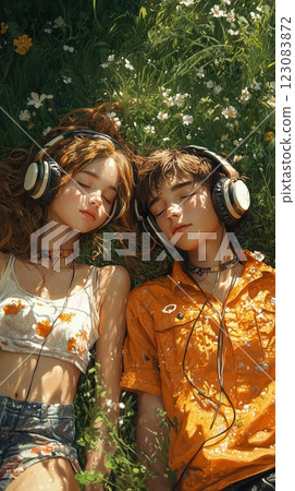 Teenagers enjoy music together on a sunny day in a grassy field covered in flowers Teenagers enjoy music together on a sunny day in a grassy field covered in flowers 123083872