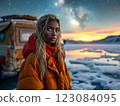 Young explorer posing in front of arctic landscape at sunset 123084095