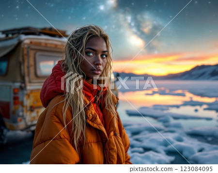 Young explorer posing in front of arctic landscape at sunset 123084095