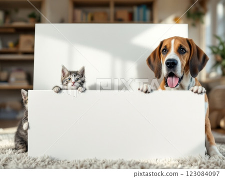 Beagle dog and kittens holding blank white sign at home 123084097