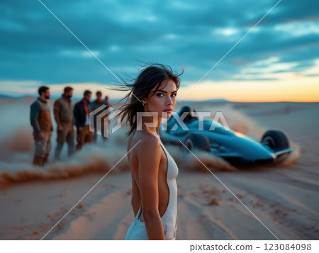 Model posing in the desert with a futuristic racing car drifting 123084098