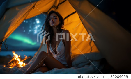 Beautiful woman camping under the northern lights in Iceland 123084099