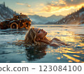 Model relaxing in a frozen lake at sunset with steampunk car 123084100