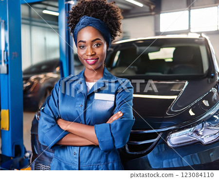 Confident Female Mechanic in Auto Repair Shop. Perfect for Automotive, Career Diversity, and Women in Trades Promotions 123084110