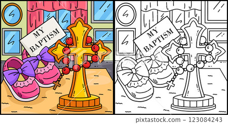 Baptism Cross, Baby Shoes and Rosary Illustration  123084243