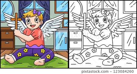 Baptism Baby Holding Cross Coloring Illustration  123084260