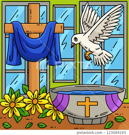 Baptism Bowl of Water, Dove and Cross Colored  123084283