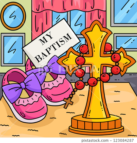 Baptism Cross, Baby Shoes and Rosary Colored  123084287